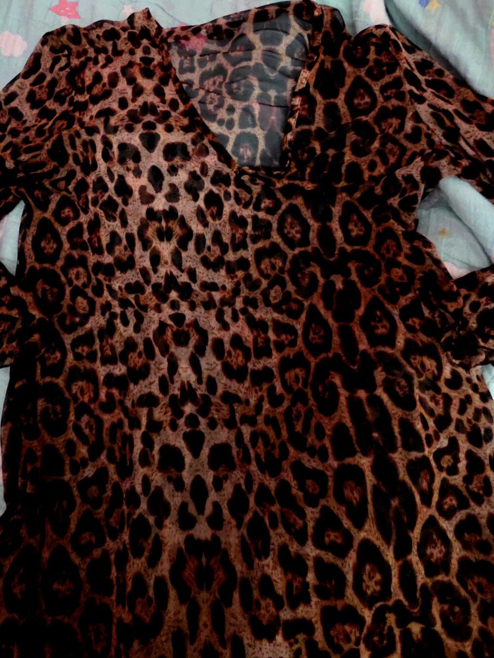 Womens Brown Sheer Leopard Print V-Neck Top,  Bathing Suit Cover